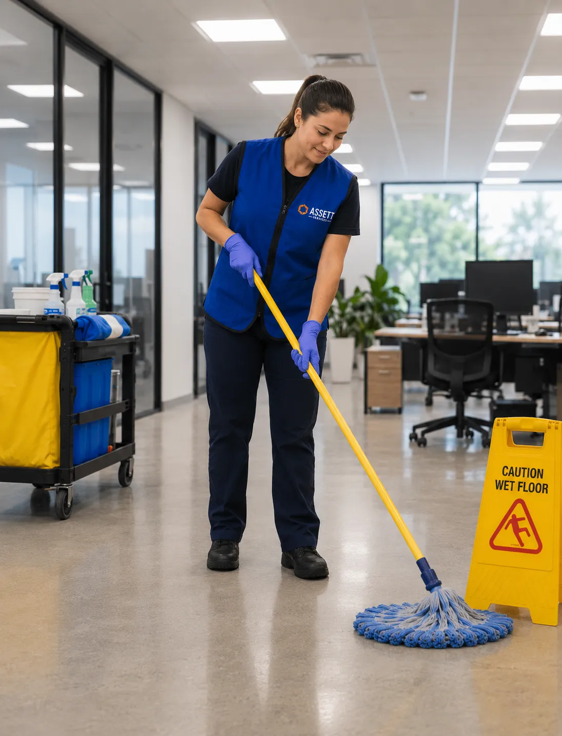 Commercial cleaner mopping floors of Boise office building